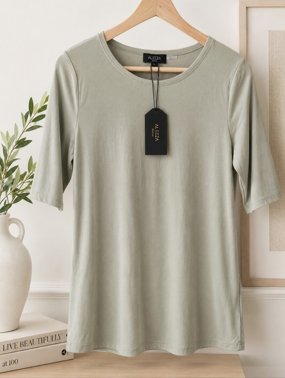 Aleeza Paris Green Buttery Soft Half Sleeve Top L NWT